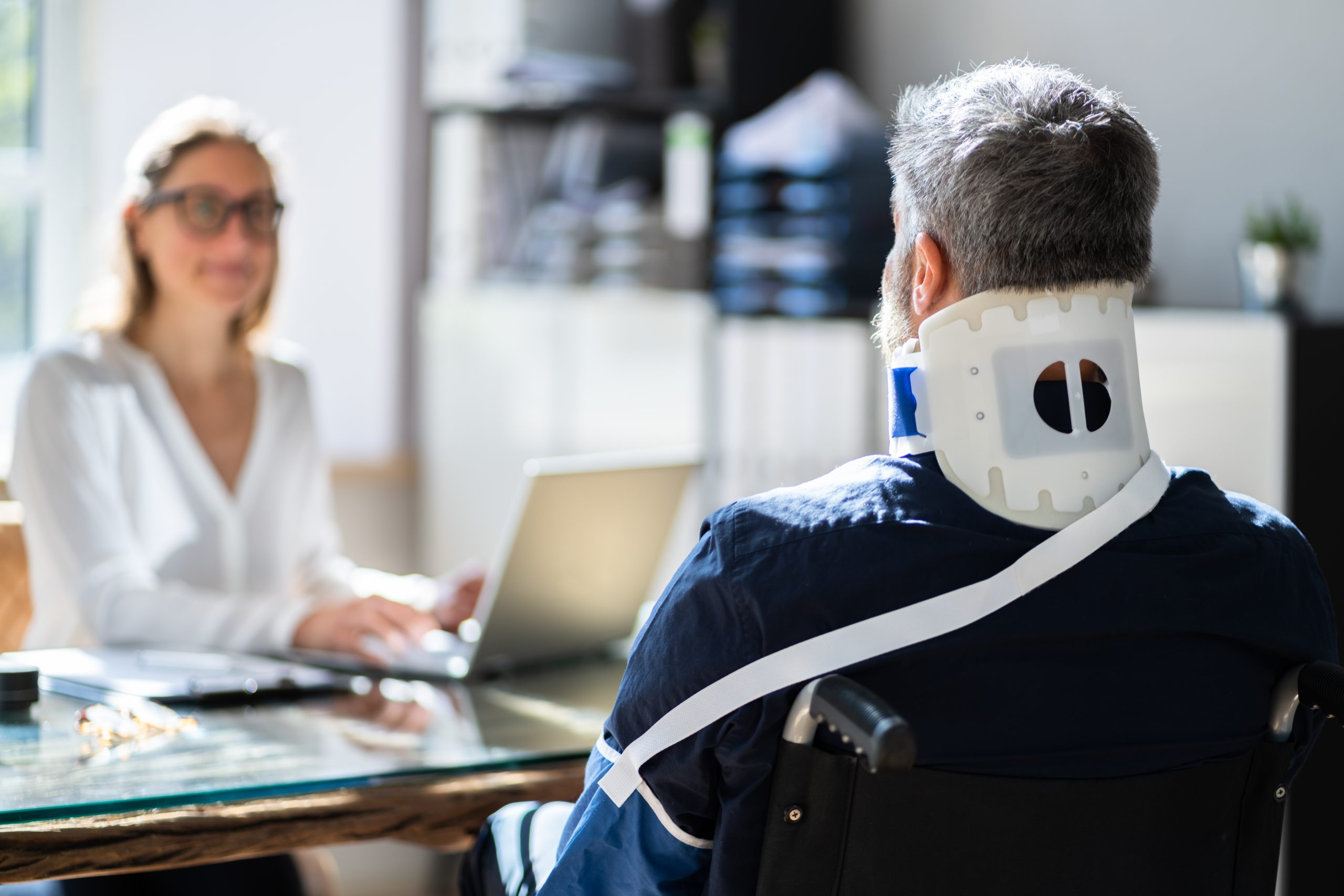 Injured client in a wheelchair.